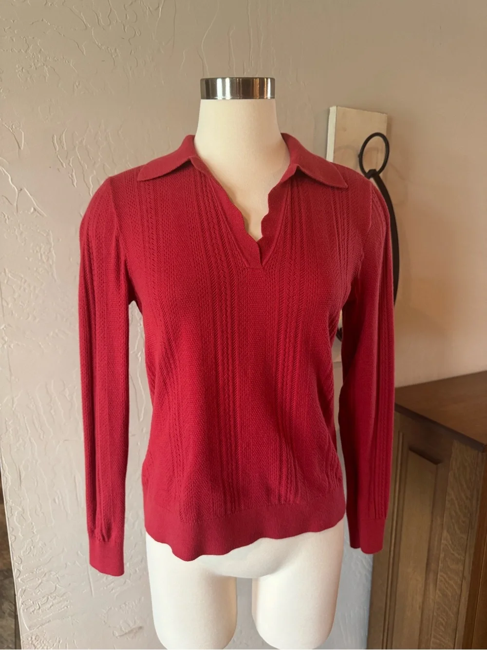 Cabi Athena Crimson Pointelle V-Neck Pullover